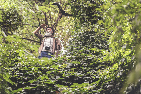 Happy senior male tourist viewing wood landscapeの写真素材