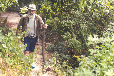 Cheerful old man enjoying walk in forestの写真素材