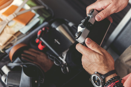 Man keeping device for making photoの写真素材