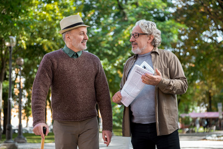 Happy senior men enjoying walk during friendly talkの写真素材
