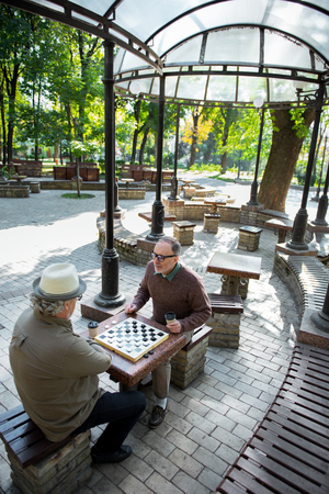 Joyful senior men playing checkers outdoorの写真素材