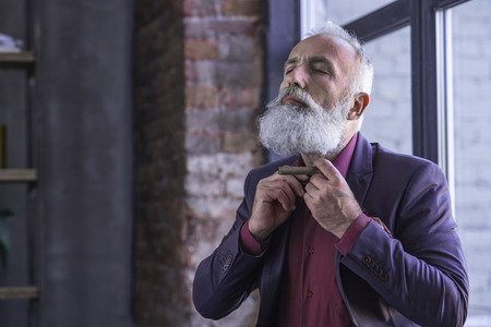 Portrait of serene bearded old businessman adjusting suit while keeping tobacco. Clothes conceptの写真素材