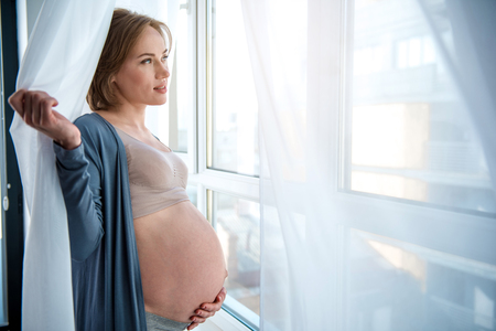 Side view of dreamful pregnant woman enjoying city view from window. She is touching her bare abdomen with love and smiling. Copy spaceの写真素材
