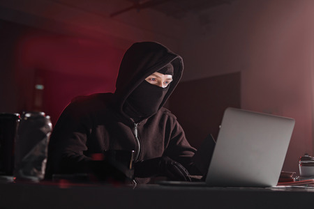 Portrait of serene hacker typing in digital device while sitting at table in dark apartment. Technology and crime conceptの写真素材