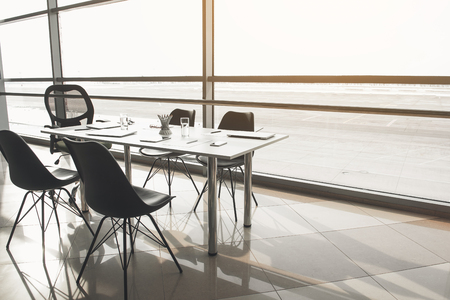 Office furniture with modern technology on it. Copy space in right sideの写真素材