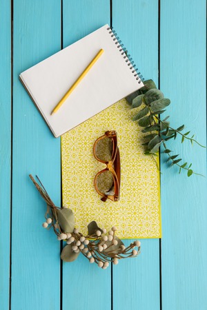 Top view close up of modern spectacles and opened copybook with pen situating on bright paper