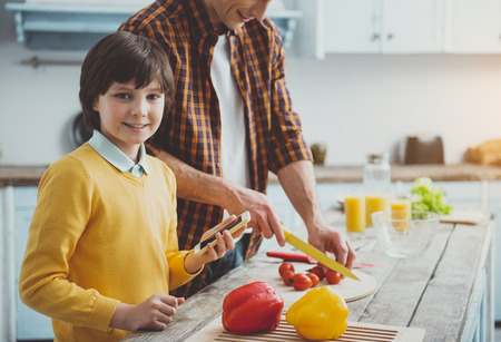 Smiling father slicing vegetables for healthy salad. His son standing with mobile phone and looking at camera with pleasure. Copy space in right sideの写真素材