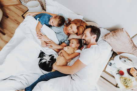 Family relationship concept. Top view portrait of parents with son, daughter and cat sleeping together in bed in the morning in embrace of each otherの写真素材