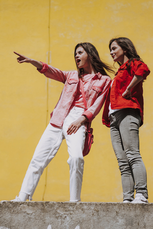 Two hipster girls looking far away on parapetの写真素材