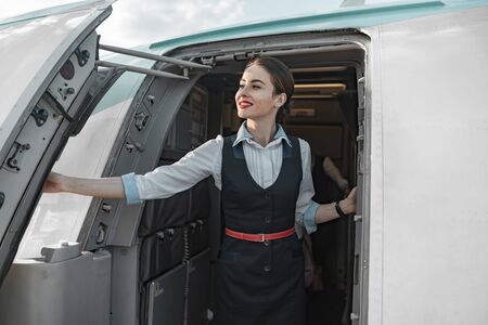 Attractive female flight attendant is on duty on boardの写真素材