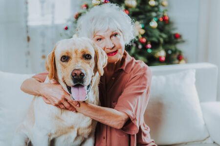 Smiling aged female is resting with dogの写真素材