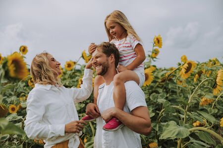 Young family spending time together in sunflower field in summerの写真素材