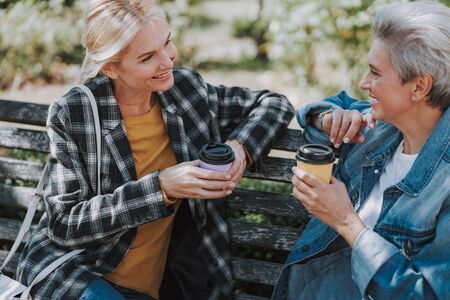 Smiling Caucasian women spending free time outdoorsの写真素材