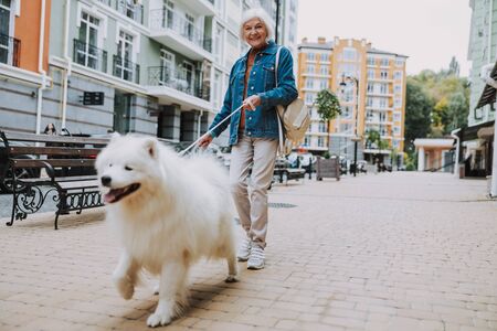 Happy Caucasian lady posing with fluffy dog in downtownの写真素材