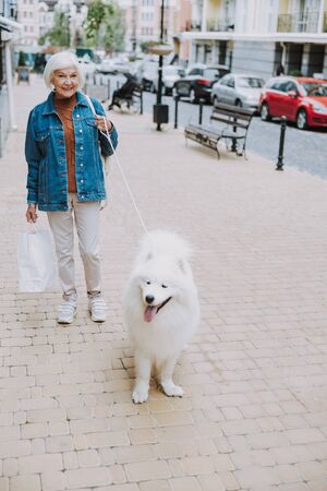 Happy Caucasian woman walking with dog outsideの写真素材