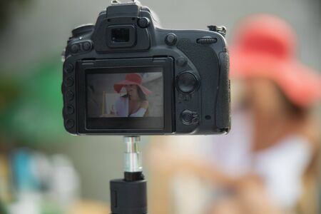 Camera screen with a picture of a girlの写真素材