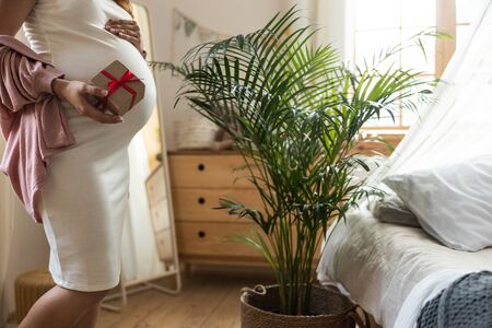Cropped photo of expectant mother with gift in hand stock photoの写真素材
