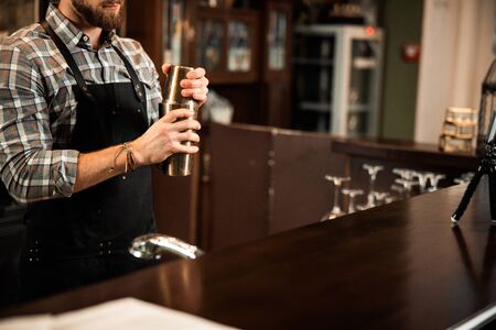 Cropped photo of barman in apron with shaker in hand stock photo