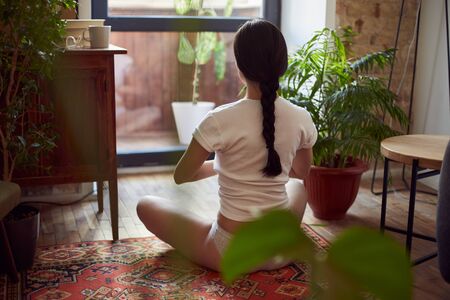 Young woman focused on herself while doing complex of mornng exercises in front of window at her apartment, rear viewの写真素材