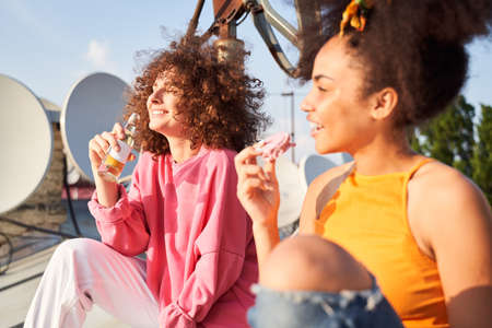 Jolly young women enjoying meals and drinks on roofの写真素材