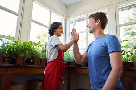 Cheerful father and son giving high five