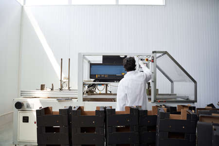 Experienced worker using a cartoner at the production site