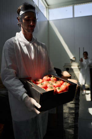 Employee looking at vegetables in his hands