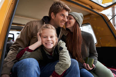 Waist up portrait of happy familyの写真素材