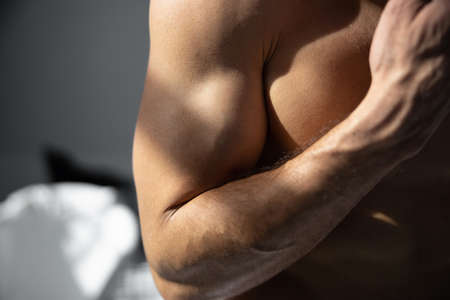 Cropped shot of male muscle bodyの写真素材