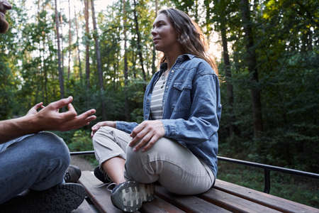 Couple sitting in lotus poseの写真素材
