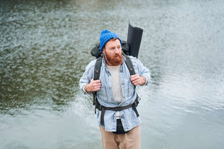 Man hiking at the mountainsの写真素材