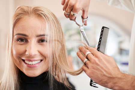 Hairdresser holding a strand of combed hairの写真素材