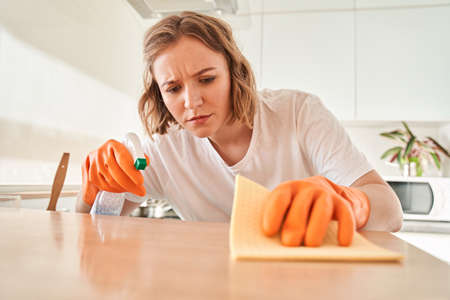 Woman wiping dust using a sprayの写真素材