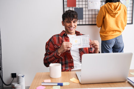 Man showing his mobile app sketch to the clientの写真素材