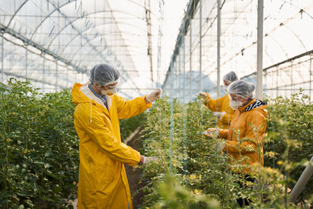 Team of agronomists during working day in hothouseの写真素材