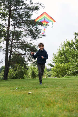 Joyful boy with kite running on grassの写真素材