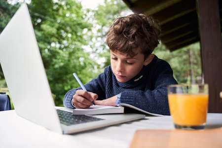 Cute child using laptop and writing in notebook outdoorsの写真素材