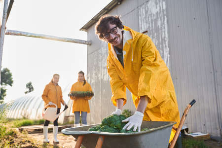 Happy male rejoicing at harvest on plantationの写真素材