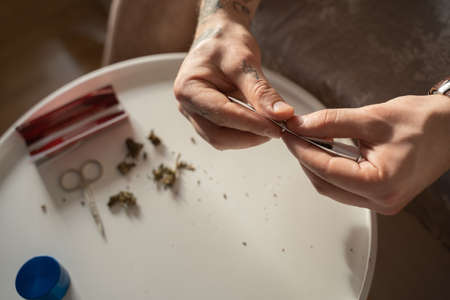 Man sitting at the table and preparing hand rolled cigarette for himselfの写真素材