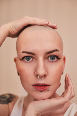 Masculine woman posing with hands at her head and looking at the cameraの写真素材
