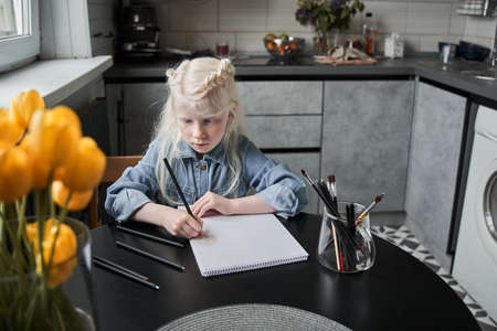 Girl sitting at the table at the kitchen and drawing with concentrationの写真素材