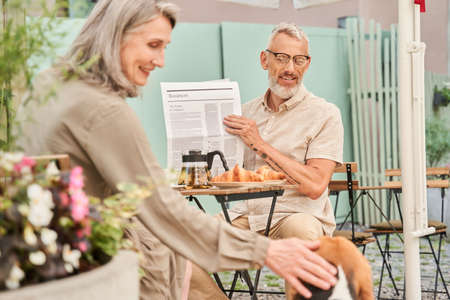 Mature woman stocking her lovely beagle dog while sitting at the cafeの写真素材