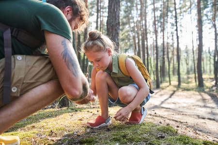 Father and daughter studying nature in forestの写真素材