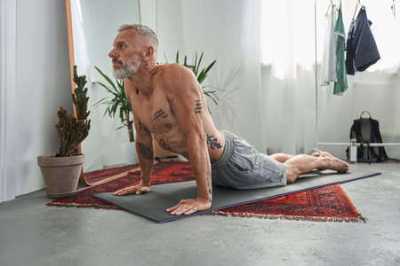 Mature man practicing yoga in sphinx pose at homeの写真素材