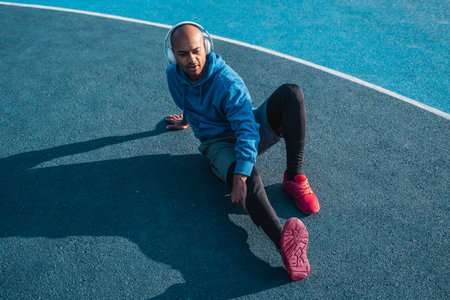 Focused young sportive man sitting on stadium, before outdoor training in cityの写真素材