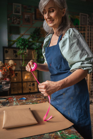 Mature woman wrapping and decorating present for somebodyの写真素材