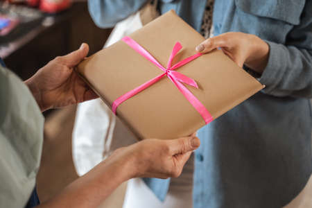 Young girl standing in front her mature tutor and giving present with pink ribbon to herの写真素材