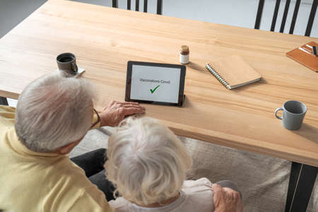 Couple sitting in front of the tablet and embracing while received vaccination certificateの写真素材