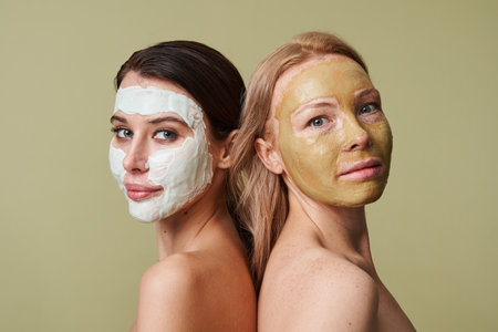 Women with facial masks after taking shower looking at the camera isolatedの写真素材