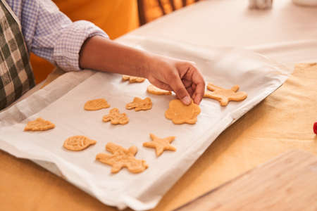 Little multiracial child girl putting cookies at the baking sheet while baking at the modern kitchenの写真素材